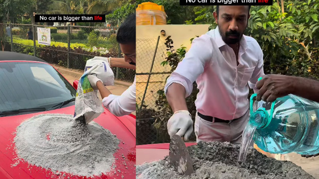 గుంతల రోడ్లతో విసుగు.. పోర్షే కారుపైనే సిమెంట్ కలిపిన యువకుడు.. వీడియో ఇదిగో!