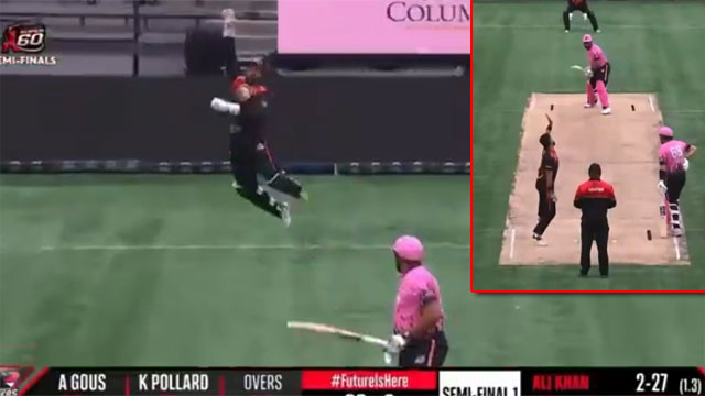 Kieron Pollard Canada League rare scene bouncer into stands umpire gives 5 runs
