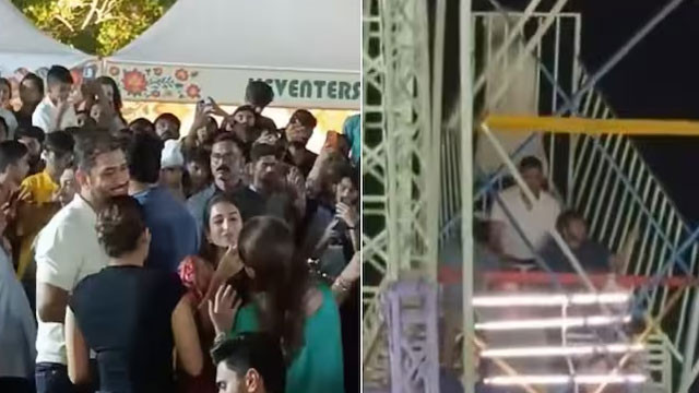 MS Dhoni special attraction at Ambani Navratri celebrations funny gestures on carnival rides