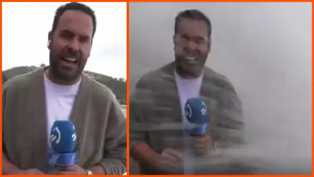 Sergio Ovejero huge wave hits journalist during live reporting while warning about dangerous sea video